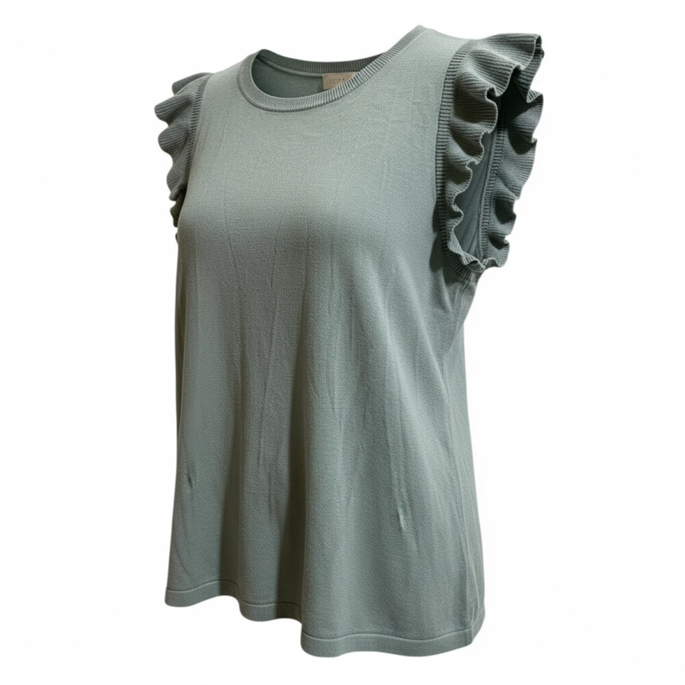 LOFT ruffle lightweight knit crew neck blouse short sleeve top sweater Large